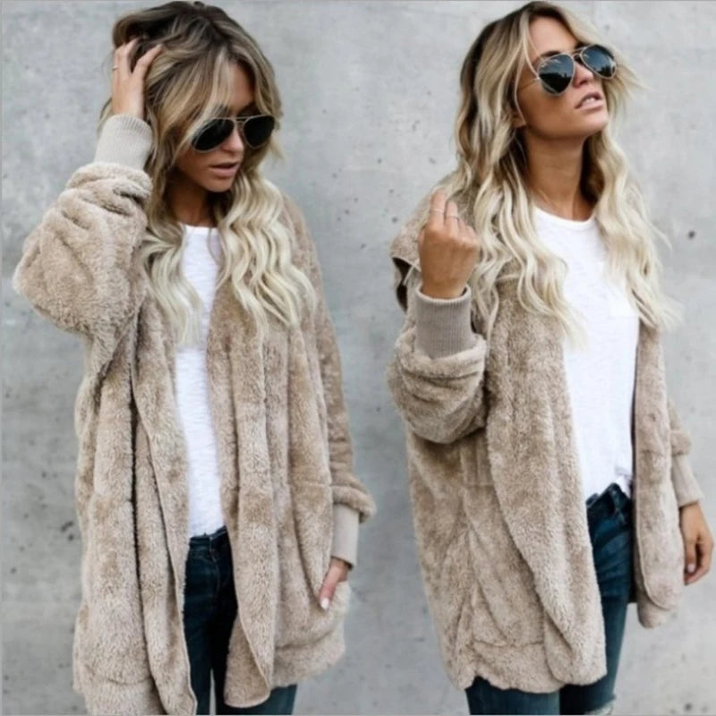 Women’s Double-Fleece Hooded Cardigan Jacket – Solid Color Plush Warm Coat with Long Sleeves, Oversized Autumn & Winter Outerwear