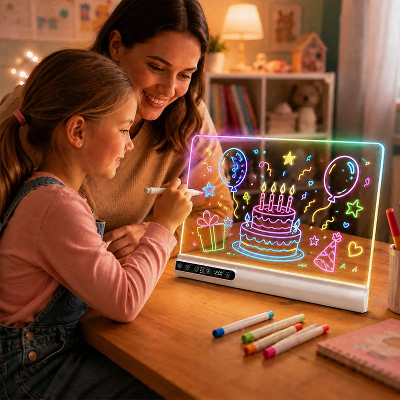 Rechargeable LED Drawing Board for Kids – Neon Glow Doodle Pad with Clock & Auto-Off Timer, Creative Birthday and Christmas Gift