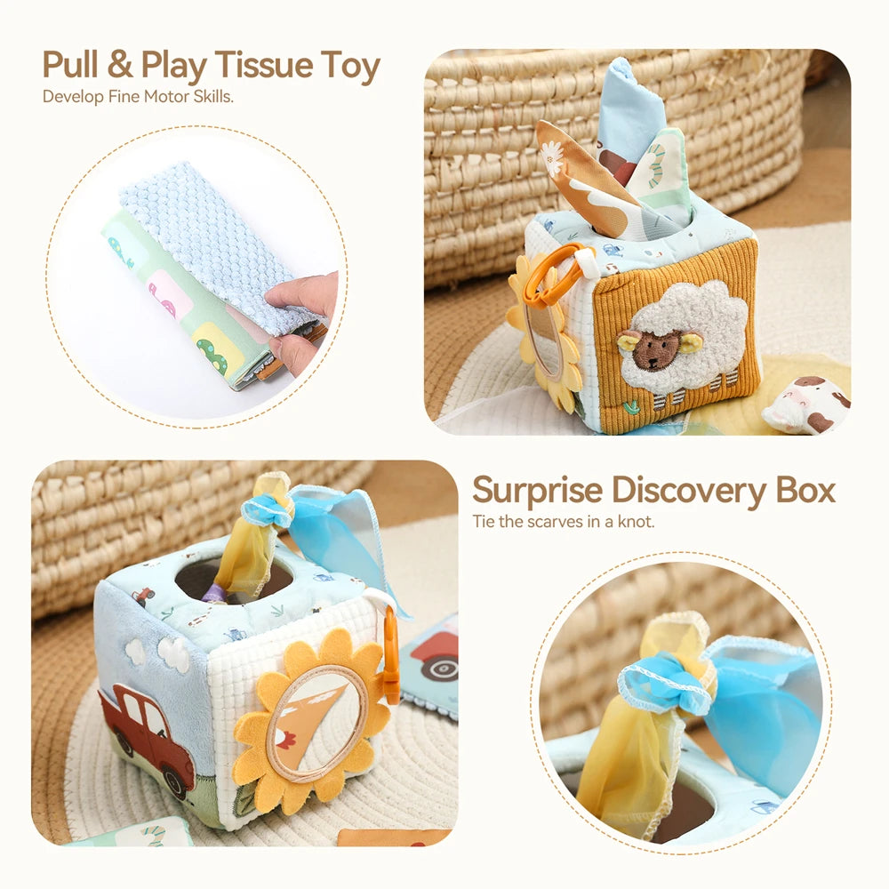 Soft Baby Tissue Box Cloth Book – Plush Sensory Security Blanket Cube with Crinkle Sounds & Mirror, Fine Motor Activity Toy, 9 Styles