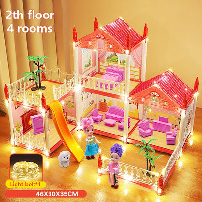 3D DIY Mini Princess Castle Villa Assembly Toy House with LED Lights – Creative Doll House Accessories Set, Girl Birthday Gift