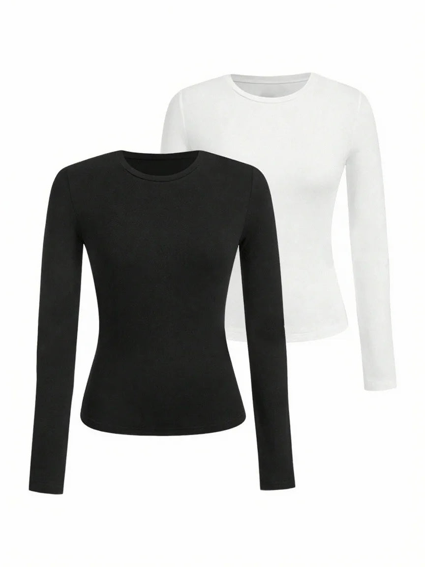 Women’s Long Sleeve T-Shirt Solid Color Polyester Knit Round Neck Regular Fit Fall Winter Top