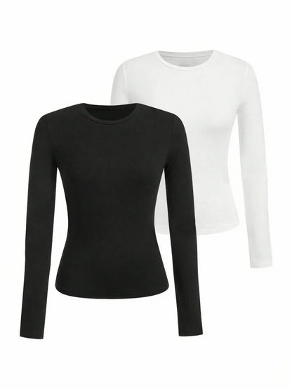 Women’s Long Sleeve T-Shirt Solid Color Polyester Knit Round Neck Regular Fit Fall Winter Top