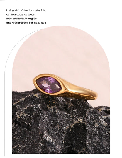 18K Gold Plated Horse Eye Zircon Signet Ring – Hypoallergenic 316L Stainless Steel Colorful Statement Ring for Women