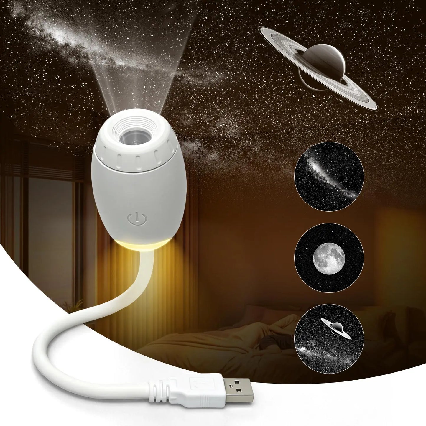 Lámpara proyector USB LED de cielo estrellado y galaxia – Luz nocturna de Saturno para coche, habitación y decoración de techo
