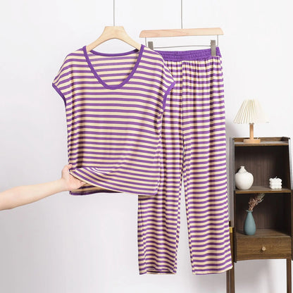 XL-8XL Plus Size Modal Pajama Set – 2PCS Short-Sleeve Striped T-Shirt & Pants, Lightweight Summer Loungewear for Home & Sleep