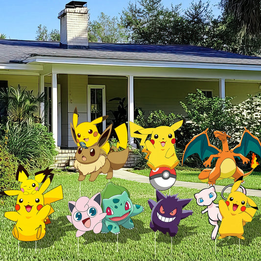 Juego de 8 letreros de Pokémon para jardín – Decoraciones para fiestas al aire libre con estacas (decoración para cumpleaños y eventos)