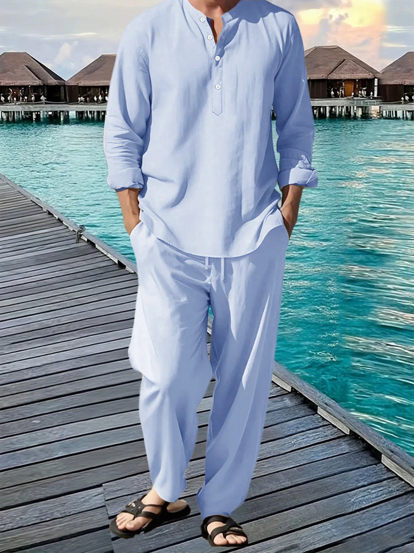 Conjunto de camisa y pantalón de lino de 2 piezas para hombre – Atuendo transpirable de verano para vacaciones en la playa, top informal de manga larga con pantalones sueltos