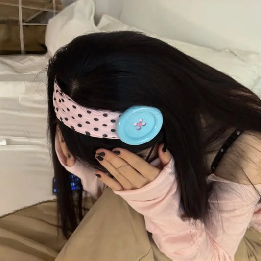 Diadema con botones y lunares vintage – Accesorio para el cabello para mujer estilo japonés Y2K moderno y fresco | Diadema deportiva y de yoga a la moda