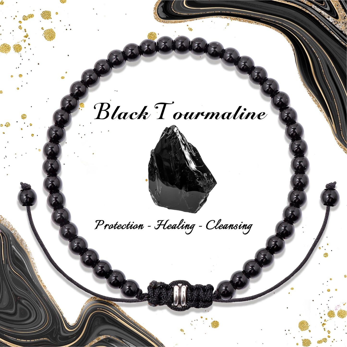 Bracelet perles de tourmaline noire naturelle – Bracelet ajustable tressé en corde avec carte cadeau pour hommes et femmes
