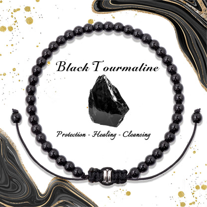 Bracelet perles de tourmaline noire naturelle – Bracelet ajustable tressé en corde avec carte cadeau pour hommes et femmes