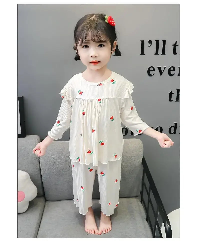 Conjunto de pijama para niños – Atuendo de dormir estampado de flores para bebés y niñas para las cuatro estaciones | Conjunto cómodo de ropa y de casa para niños
