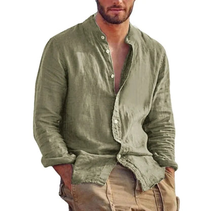 Men's Linen Long Sleeve Shirt – Stand Collar Casual Top, Lightweight Breathable Solid Color Hawaiian Style Shirt