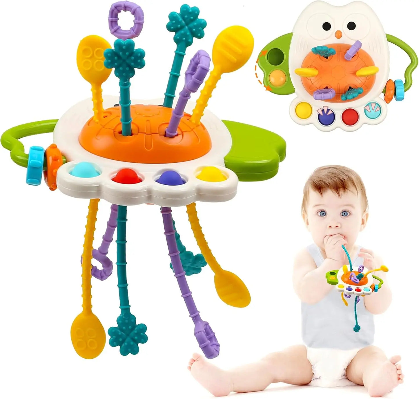 Juguete Sensorial de Silicona Montessori con Cuerda para Bebés – Mordedor Sonajero para Bebés de 6 a 12 Meses