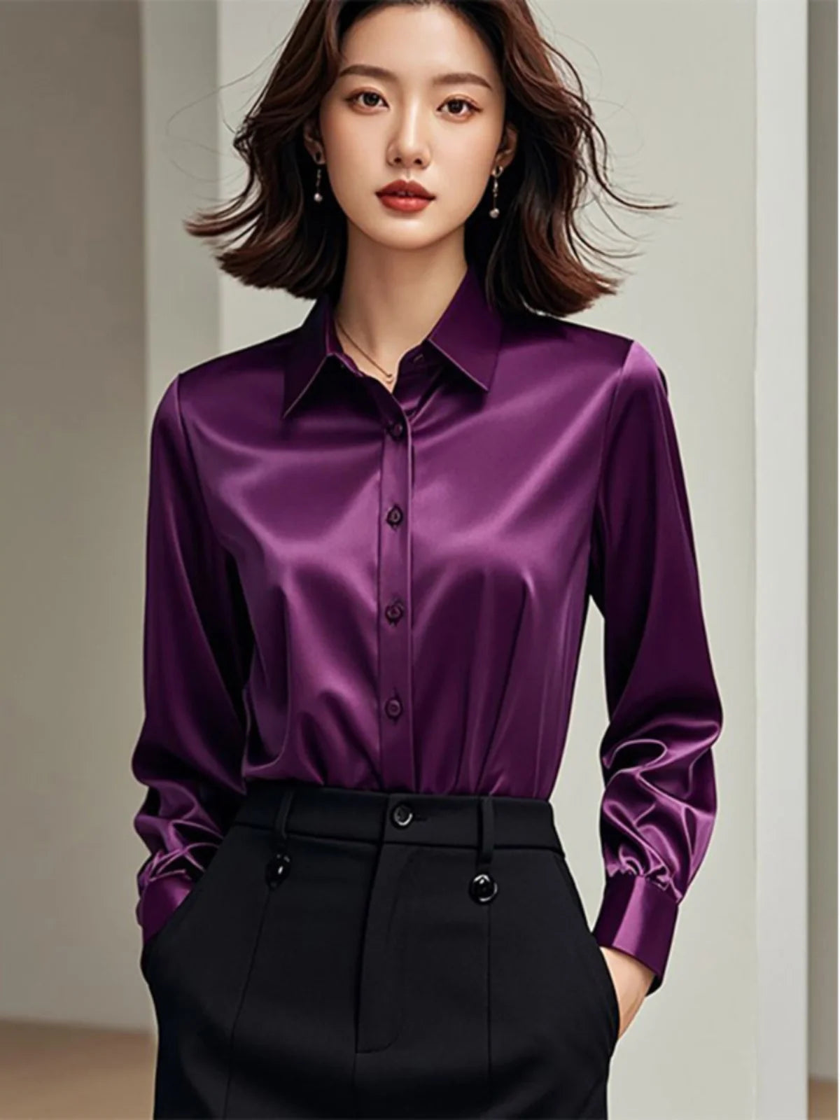 Chemisier en Soie Satinée à Manches Longues pour Femme – Chemise de Bureau Élégante Ample Boutonnée, Haut de Travail Professionnel d'Automne