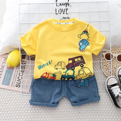 Conjunto de camiseta y shorts de algodón con estampado de coches para bebés, ideal para el verano, edades de 1 a 5 años