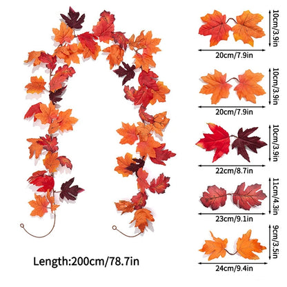 2M Artificial Maple Leaf Garland – Faux Fallen Leaves Autumn Rattan Decor for Thanksgiving, Halloween, Wedding, Christmas & Holiday Festivals
