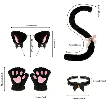 Cute Cat Woman Cosplay Accessories Set, Cat Ears Headband with Lolita Bow and Cat Paw Gloves, Kawaii Anime Costume Headwear for Girls, JK Fashion, Halloween, and Dress-Up Parties