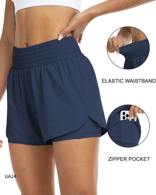 Women's High-Waist 2-in-1 Quick-Dry Workout Shorts – Elastic Waist Running & Gym Shorts with Zipper Pockets for Yoga, Fitness & Sports