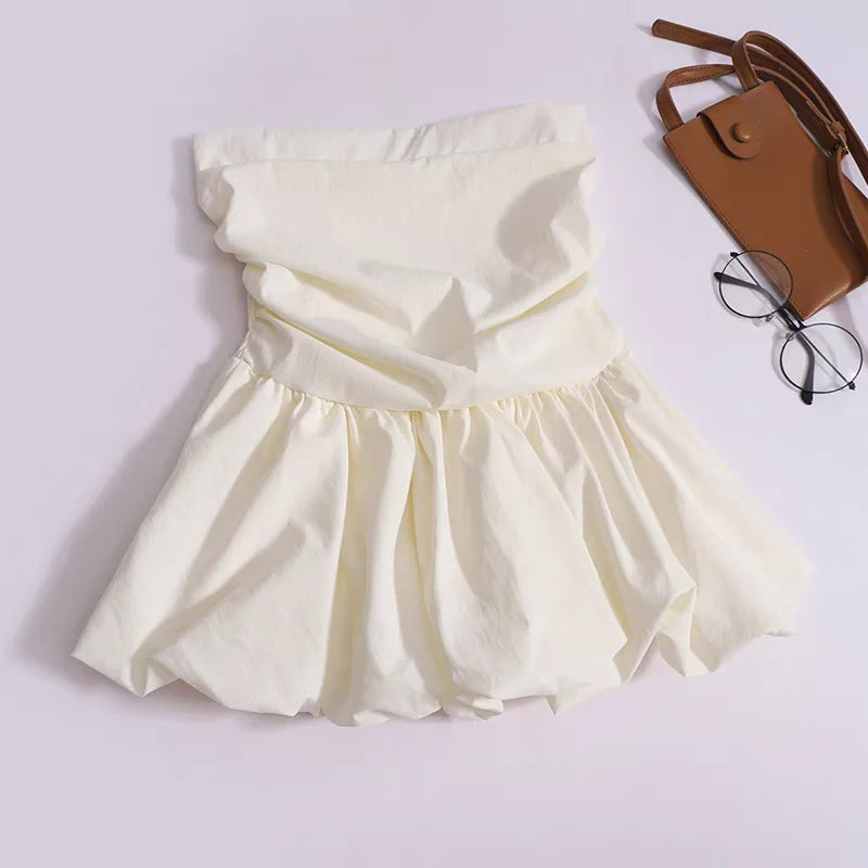 Women's Strapless Tube Top – Solid Color Pleated Sleeveless Camisole for Summer Casual Fashion