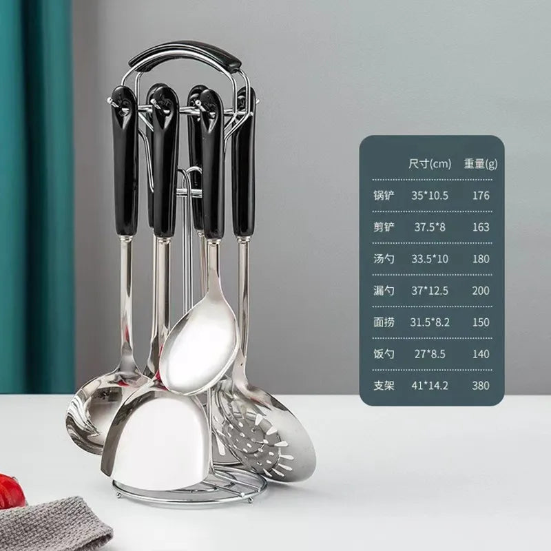 7PCS Stainless Steel Kitchen Utensil Set – Cooking Spatula & Soup Spoon with Ceramic Handles, Nordic Style Kitchenware