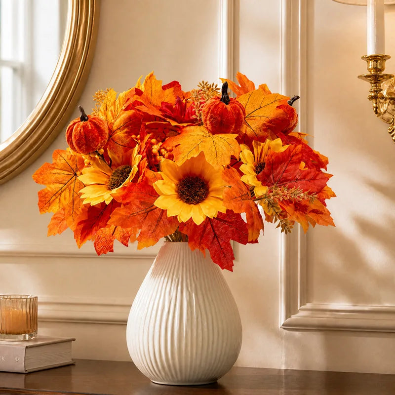 Artificial Fall Maple Leaf Bouquet with Decorative Berries – Low-Maintenance Harvest Festival Flowers for Autumn Home & Table Decor