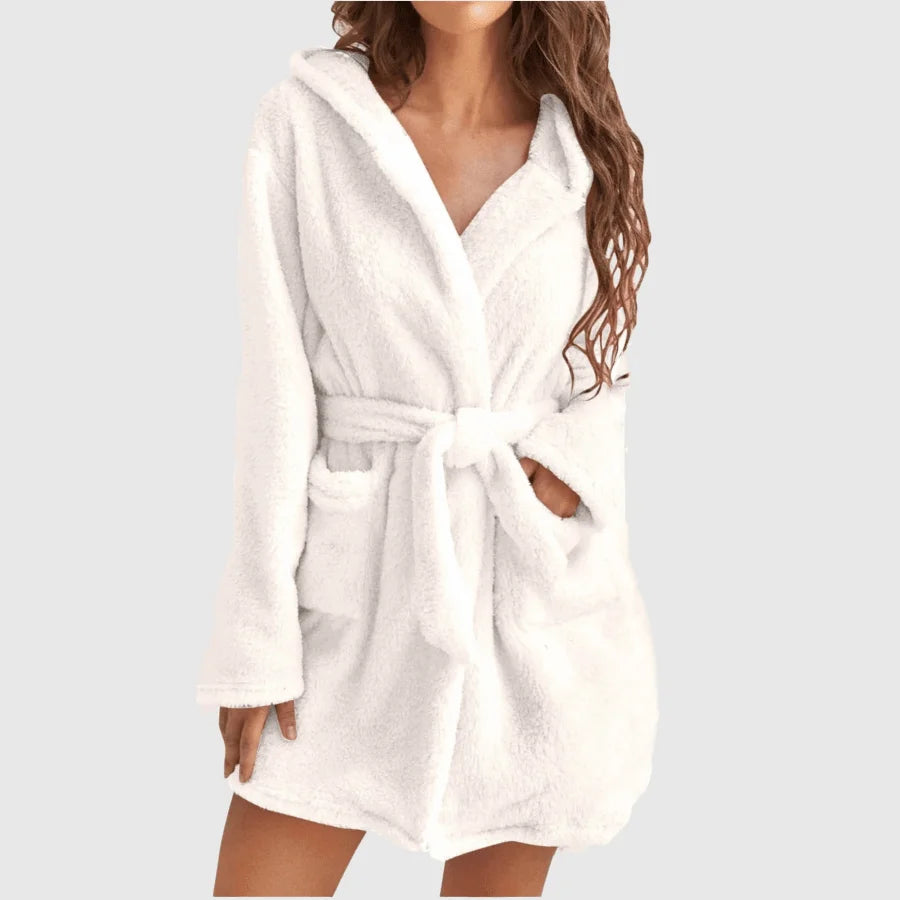 Women’s Hooded Fleece Robe – Solid Color Cozy Warm Bathrobe with Belt for Autumn & Winter Home Wear