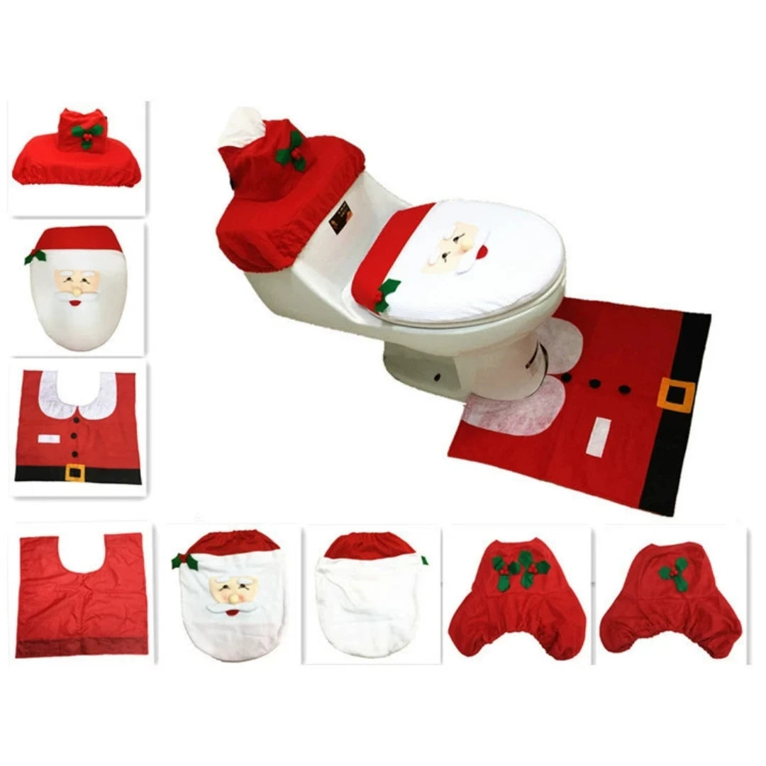 3PCS Christmas Bathroom Decor Set – Festive Toilet Seat Cover, Tank Cover & Bathroom Rugs for Indoor Home Holiday Decoration