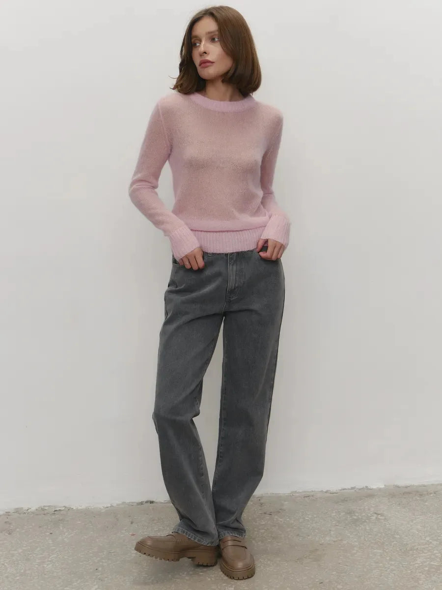 Women’s Classic Mohair Knitted Sweater Top Spring Summer Loose O-Neck Micro Sheer Cool Knit Shirt