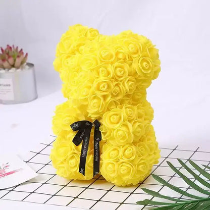 Oso de rosas artificiales de 25 cm con caja de regalo – Regalo romántico para ella en San Valentín, aniversario y boda