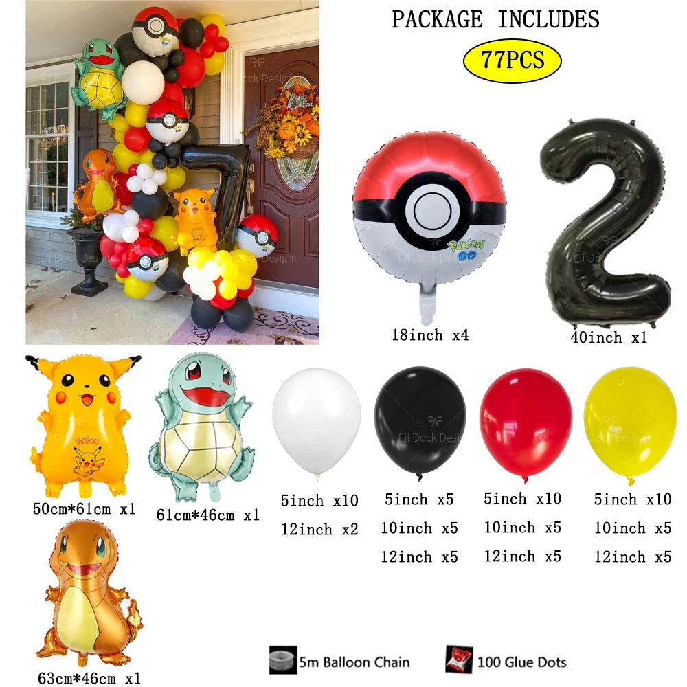 77pcs Pokémon Pikachu & Squirtle Balloon Garland Set – Red, Black & Yellow Latex Balloons for Kids Birthday Party & Baby Shower Decorations