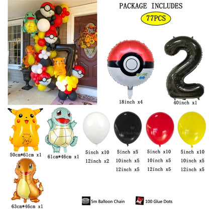 77pcs Pokémon Pikachu & Squirtle Balloon Garland Set – Red, Black & Yellow Latex Balloons for Kids Birthday Party & Baby Shower Decorations