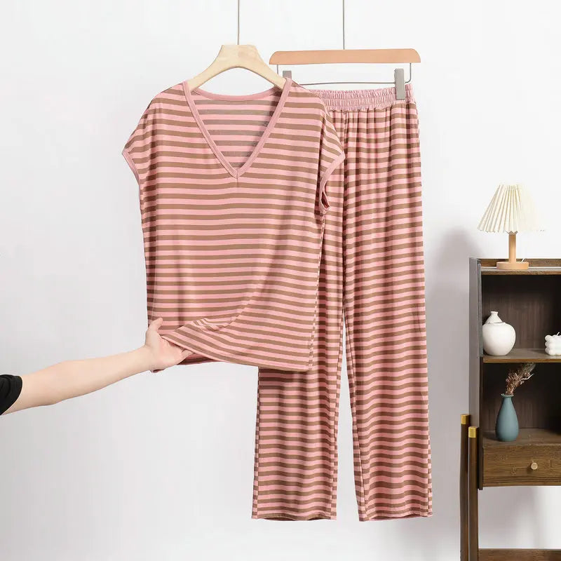 XL-8XL Plus Size Modal Pajama Set – 2PCS Short-Sleeve Striped T-Shirt & Pants, Lightweight Summer Loungewear for Home & Sleep