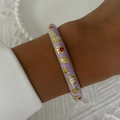 Elegante pulsera de esmalte de flores con circonitas – Pulsera retro chapada en oro con ojo turco floral para mujer | Joyería de moda para fiesta