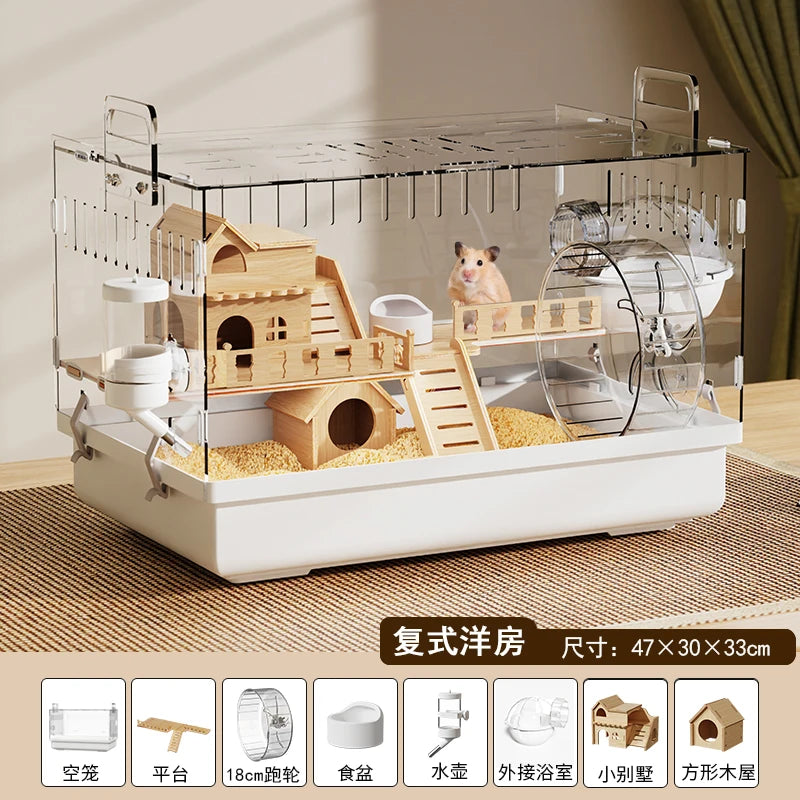 Acrylic Hamster Cage – Transparent Rodent Habitat with Accessories, Luxury Villa Enclosure for Syrian, Dwarf Hamsters, Gerbils & Mice