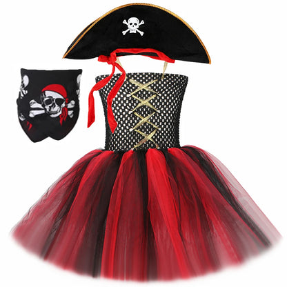 Girls' Pirate Costume Dress Black and Red Tulle Tutu Princess Outfit for Kids, Toddler Halloween Carnival Party Dress-Up Clothes
