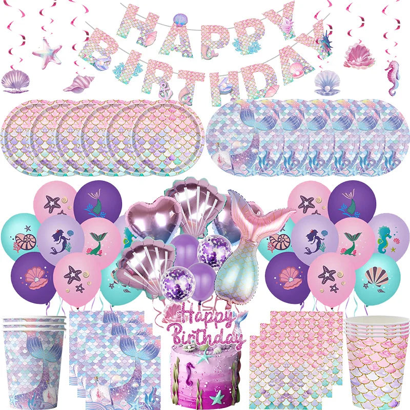 Mermaid Birthday Party Decorations Set – Balloons, Tableware, Tablecloth & Hanging Banner for Kids' Parties, Favors & Supplies Kit