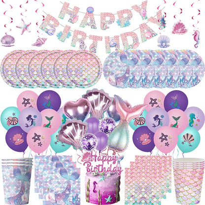 Mermaid Birthday Party Decorations Set – Balloons, Tableware, Tablecloth & Hanging Banner for Kids' Parties, Favors & Supplies Kit