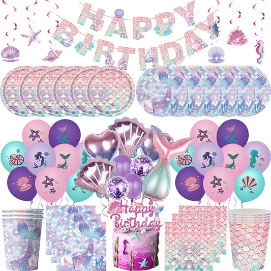 Mermaid Birthday Party Decorations Set – Balloons, Tableware, Tablecloth & Hanging Banner for Kids' Parties, Favors & Supplies Kit