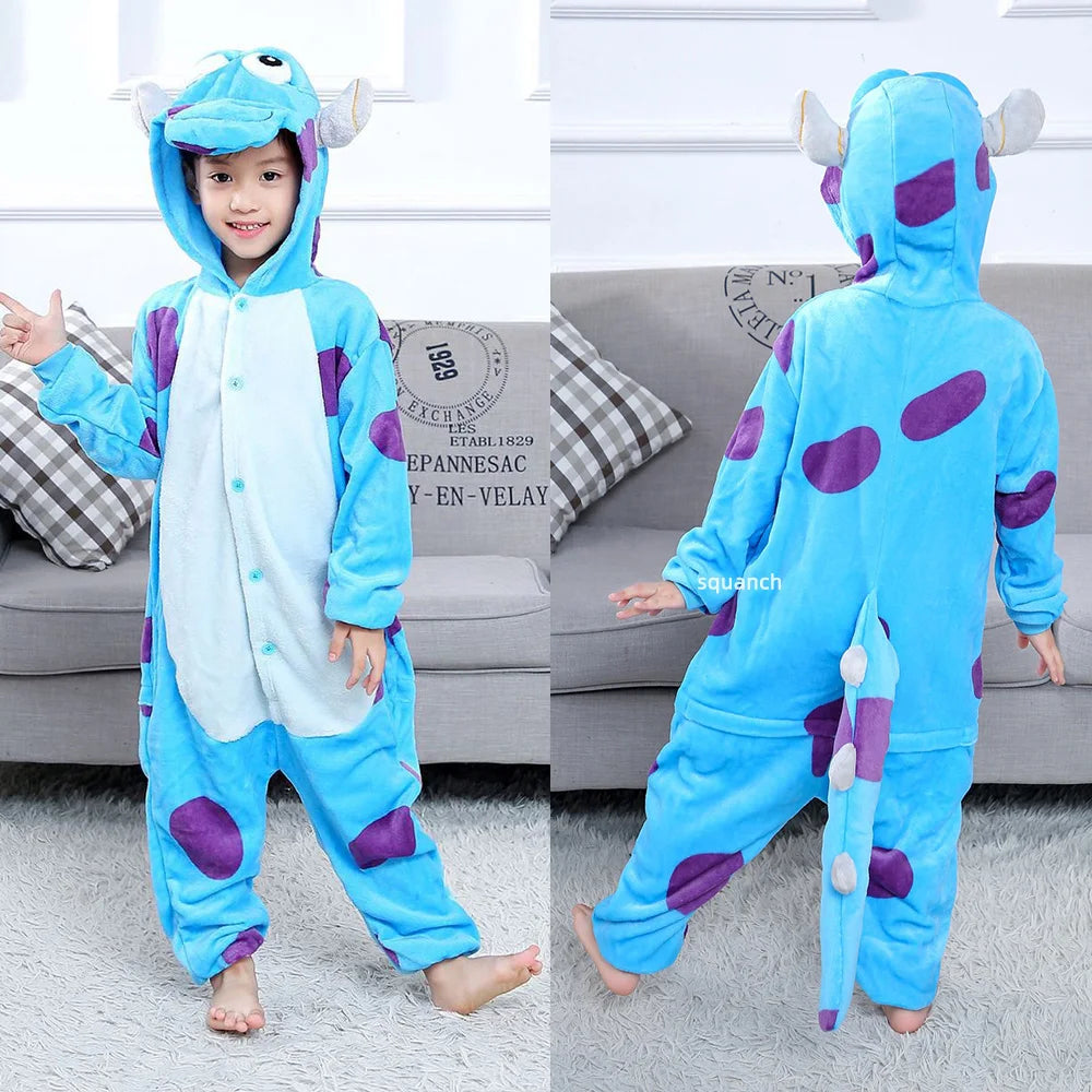 Kids Sully & Mike Kigurumi Jumpsuit – Cute Funny Halloween Costume & Warm Winter Flannel Pajama Onesie for Boys & Girls