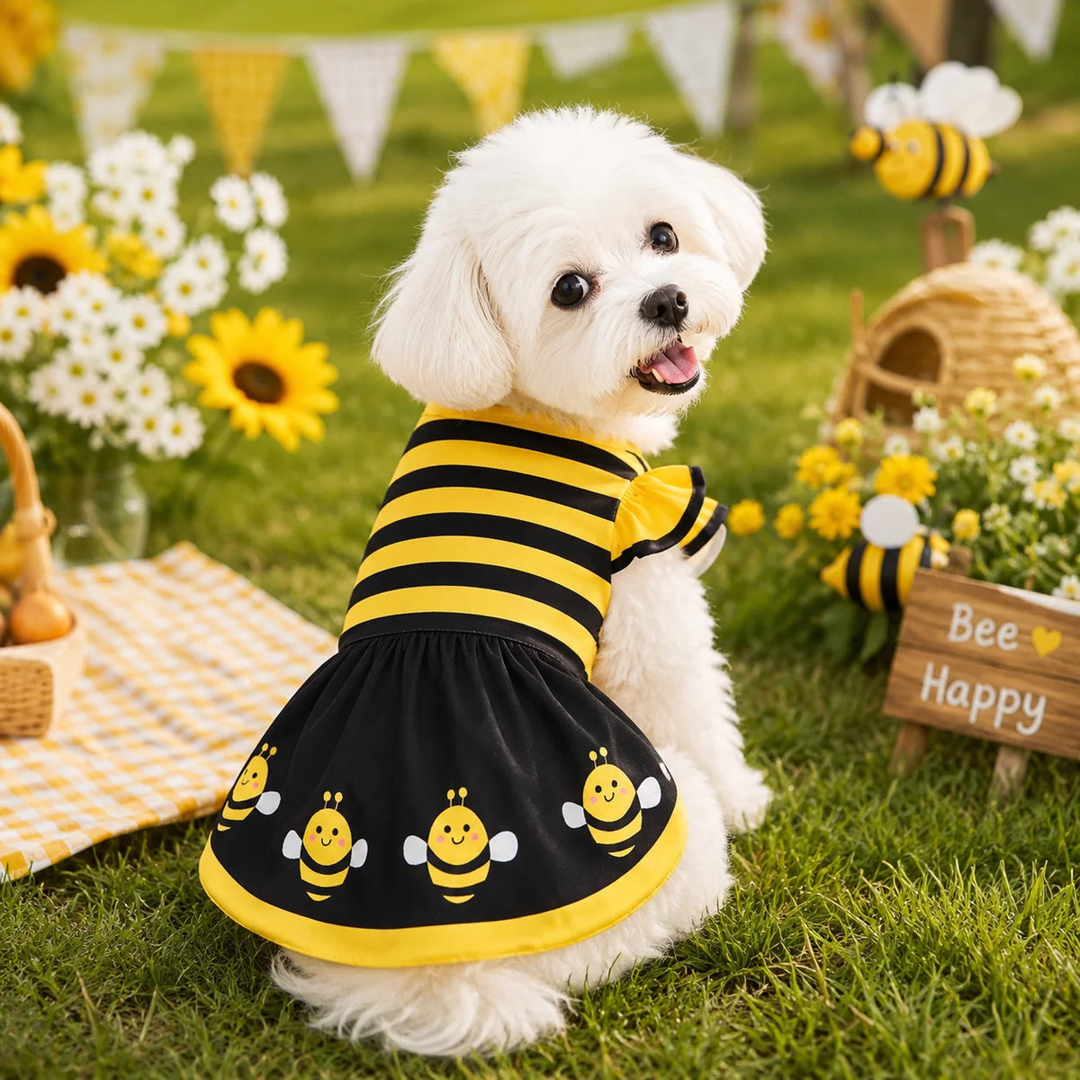 Cute Bee Dog Dress – Yellow Bumble Bee Striped Pet Costume for Dogs, Puppies, Kittens & Cats, Party & Halloween Pet Apparel