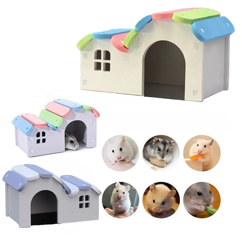 Wooden Hamster Hideout & Rainbow House – Assembled Small Animal Nest with Totoro-Inspired Design, Hamster Villa & Activity Toy