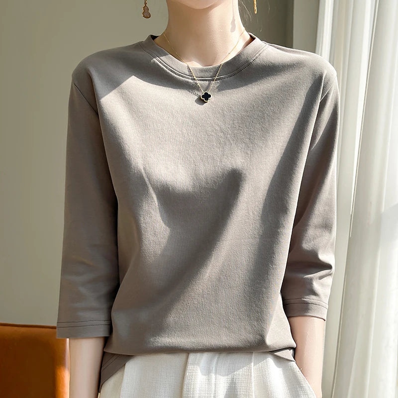 Camiseta de algodón mercerizado para mujer, manga corta, cuello redondo, top básico suave de verano
