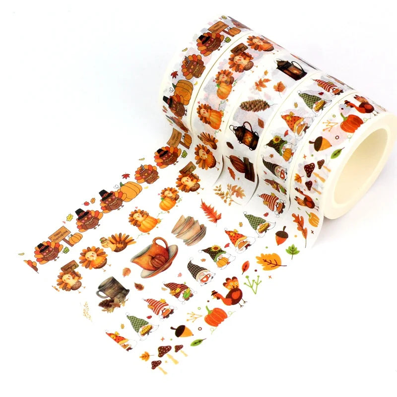 1PC 10M Fall Washi Tape – Pumpkin, Maple Leaves, Corn, Turkey & Sunflower Decorative Masking Tape for Scrapbooking, Planners & Stationery