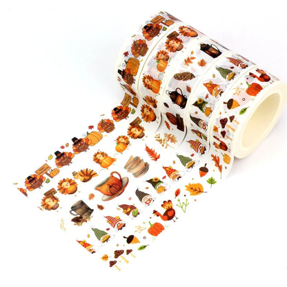 1PC 10M Fall Washi Tape – Pumpkin, Maple Leaves, Corn, Turkey & Sunflower Decorative Masking Tape for Scrapbooking, Planners & Stationery