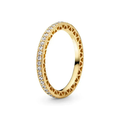 Anillo de moda ajustable con corona de corazón de plata de ley 925 chapado en oro con purpurina para mujer