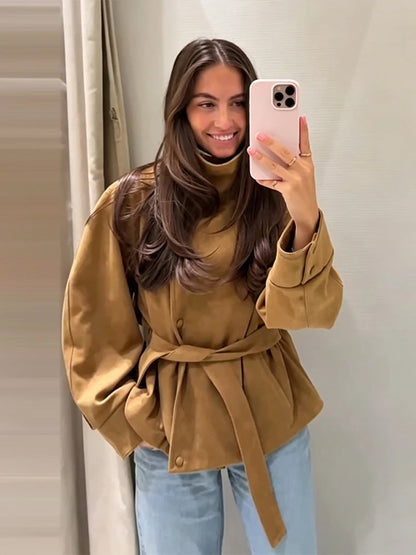 Women’s Vintage Suede Short Coat – Elegant Lace-Up Belted Jacket with Stand Collar, Single-Breasted Closure & Long Sleeves