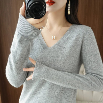 Women's Cashmere-Style V-Neck Sweater – Long-Sleeve Knitted Pullover with Lace Neck & Hollow-Out Detail, Casual Autumn & Winter Top