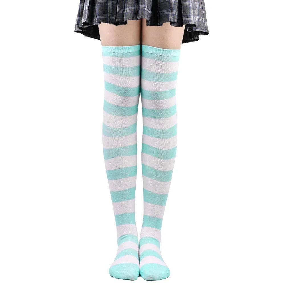 Thigh High Socks Women Over Knee Striped Polka Dot Stockings Black White Pink Lolita Cosplay Harajuku Y2K Kawaii