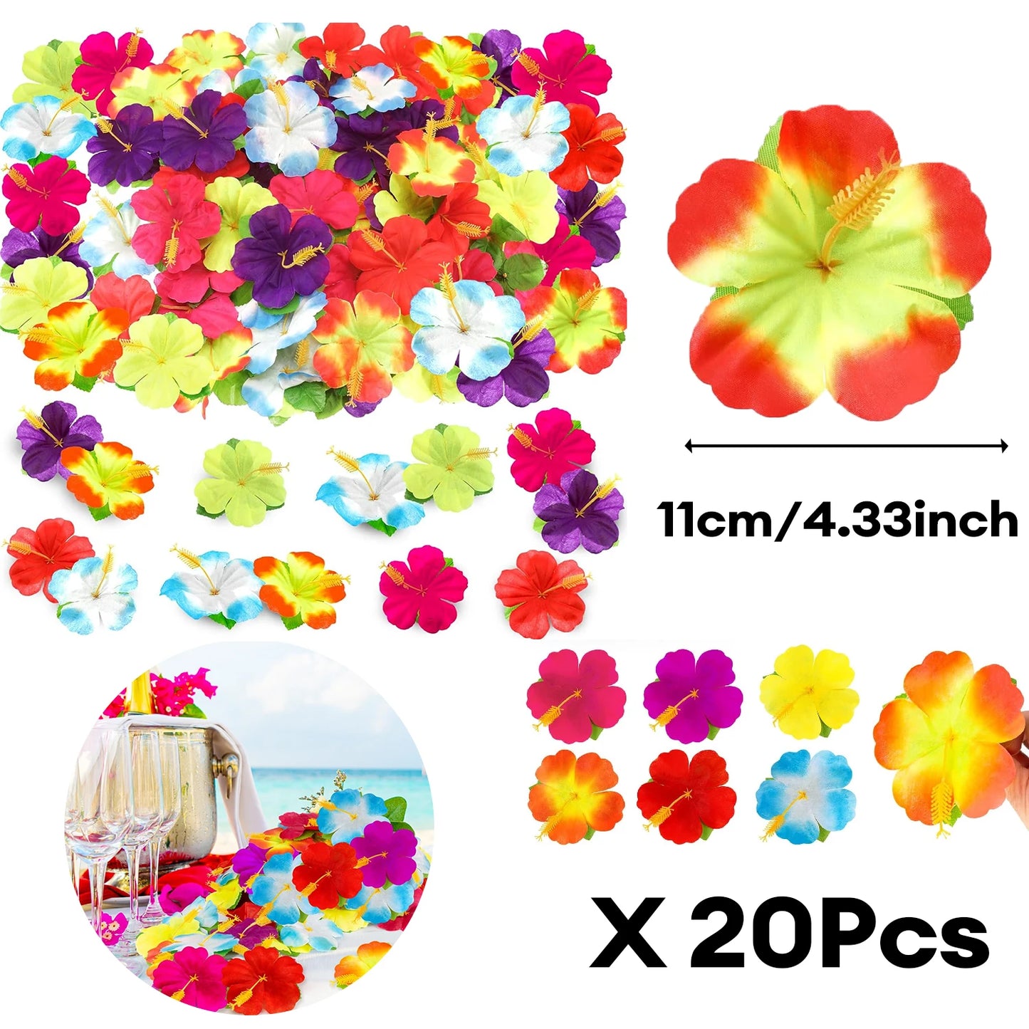 Hawaiian Luau Party Decorations Set – Tropical Beach-Themed Party Supplies with Grass Table Skirt & Hibiscus Flowers for Celebrations