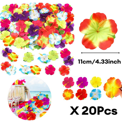 Hawaiian Luau Party Decorations Set – Tropical Beach-Themed Party Supplies with Grass Table Skirt & Hibiscus Flowers for Celebrations